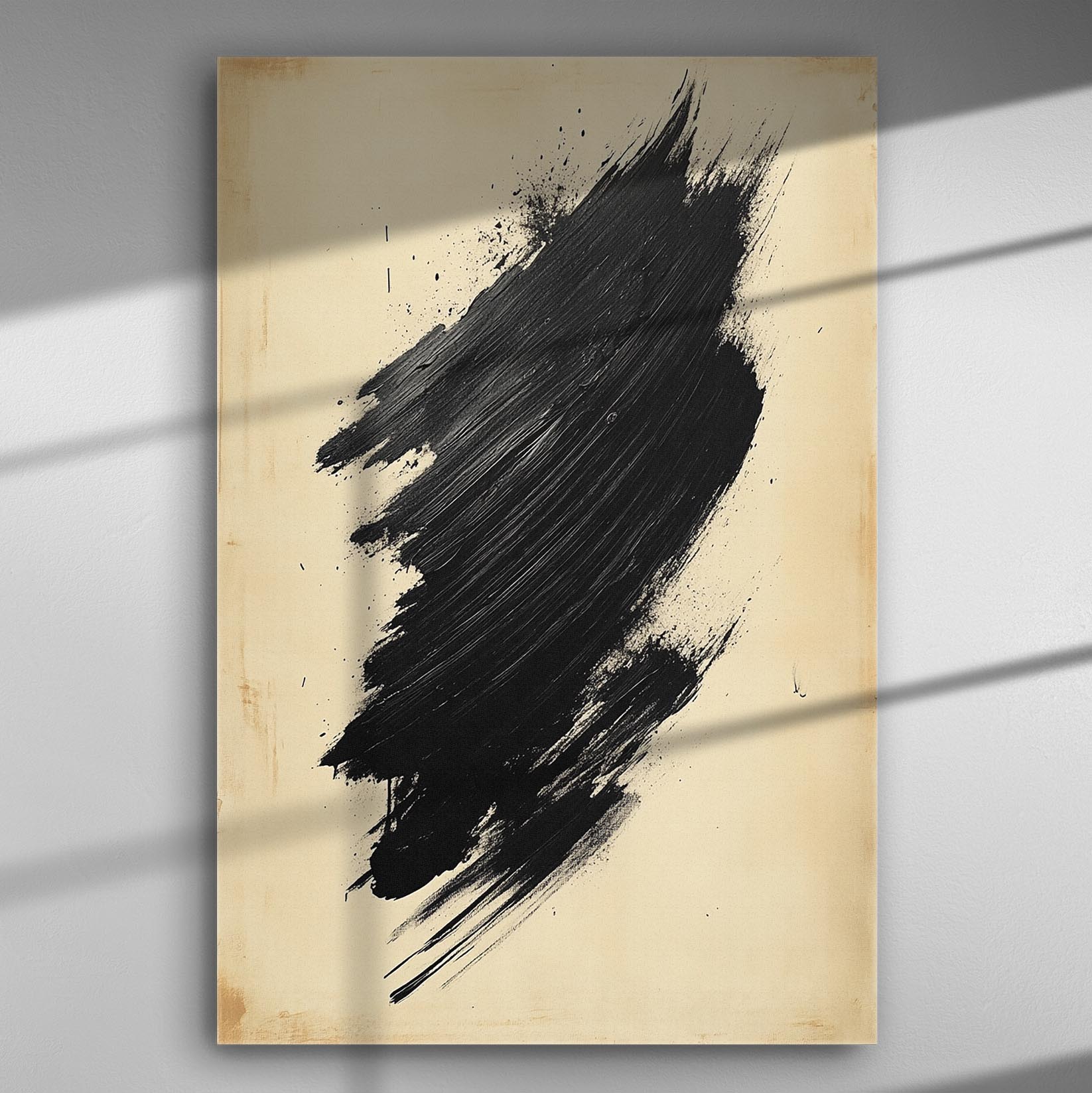 Abstract black brush stroke on a beige canvas background with artistic splatters.