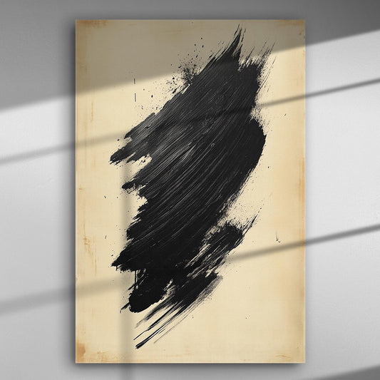 Abstract black brush stroke on a beige canvas background with artistic splatters.