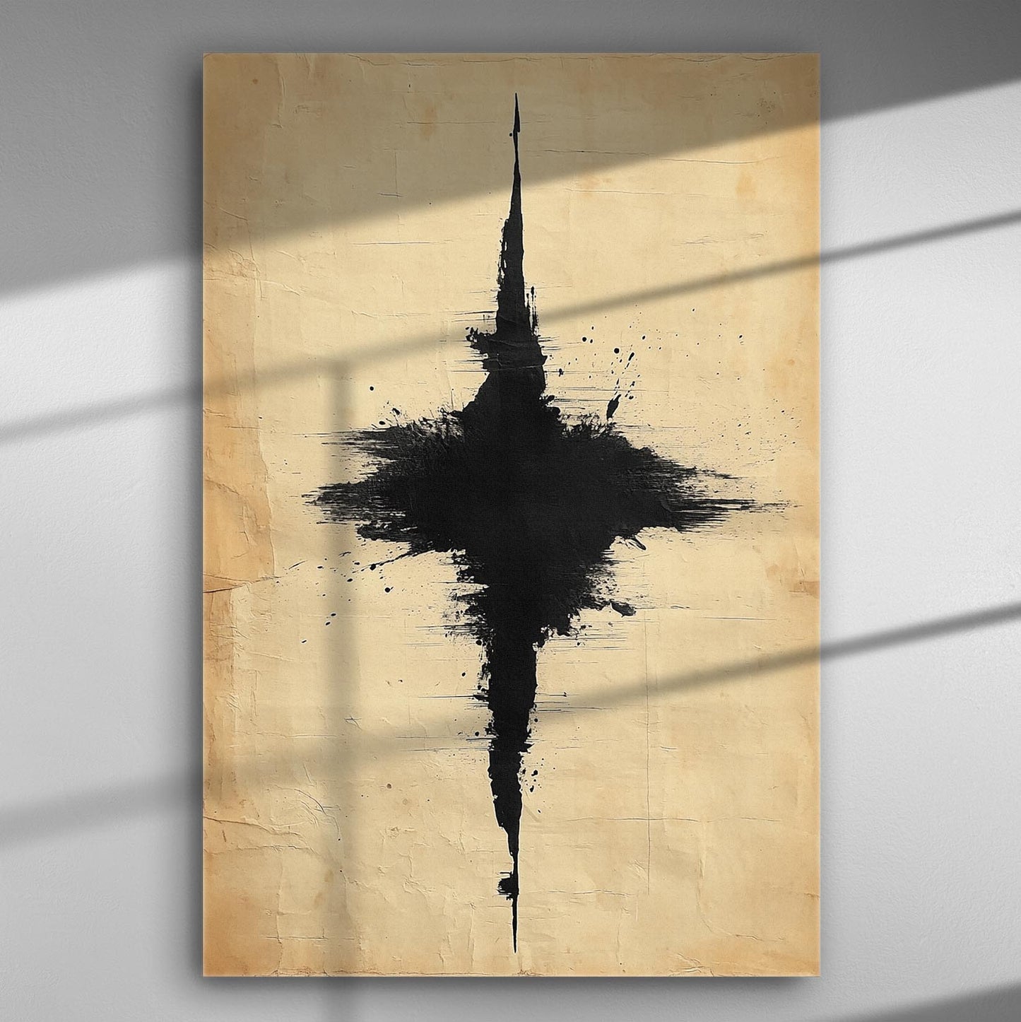 Abstract black cross on textured canvas background.