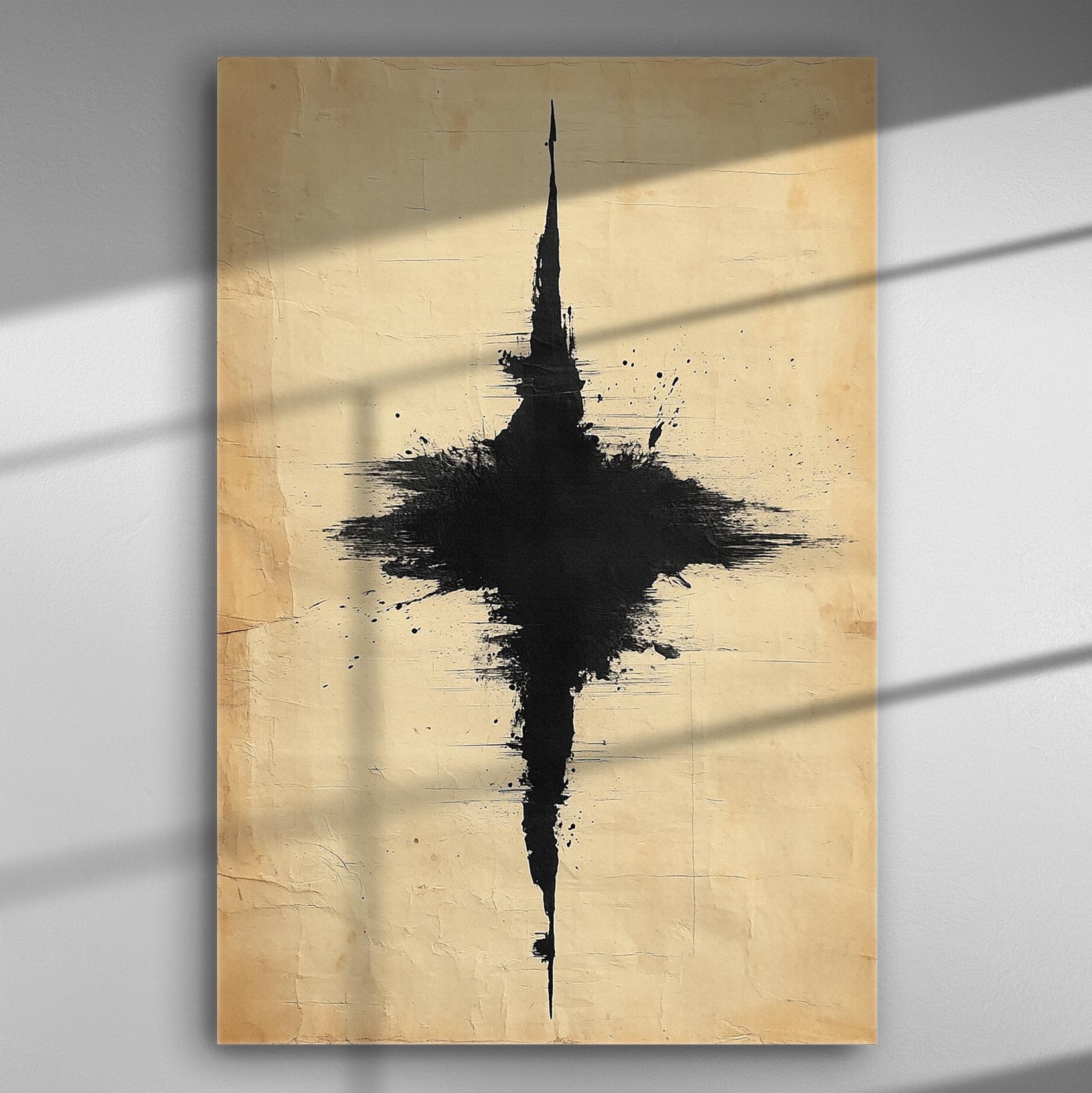 Abstract black cross on textured canvas background.