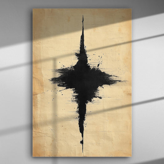 Abstract black cross on textured canvas background.