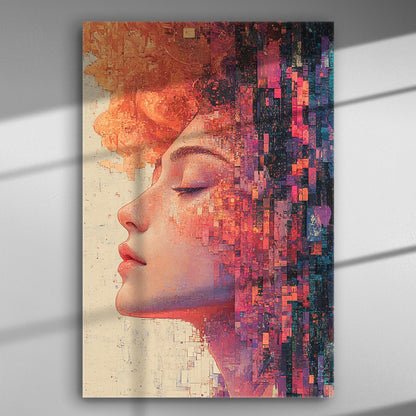 Profile of a woman's face in digital art style with red and purple geometric patterns.