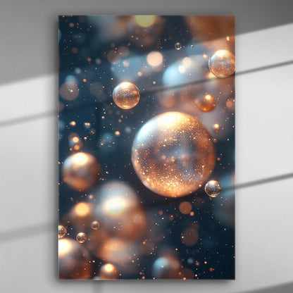 A canvas print featuring glowing spherical bodies in golden and blue hues, depicting a cosmic scene.