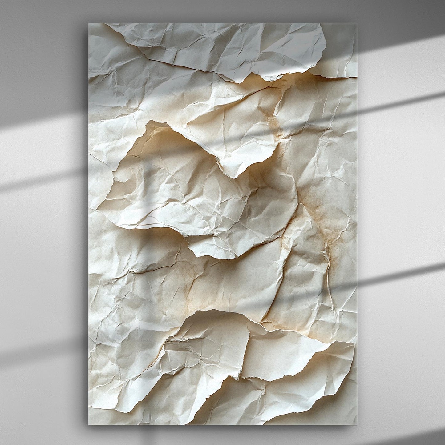 Unique textured paper artwork on canvas, showcasing crumpled paper with lighting and shadow play.