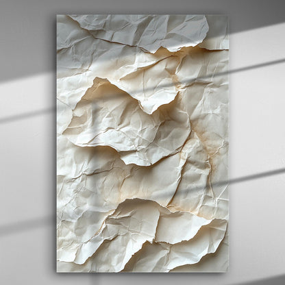 Unique textured paper artwork on canvas, showcasing crumpled paper with lighting and shadow play.