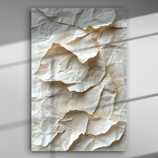 Unique textured paper artwork on canvas, showcasing crumpled paper with lighting and shadow play.