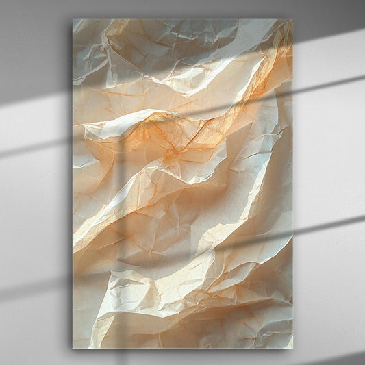Abstract paper texture with crumpled beige and light brown shades on a canvas.