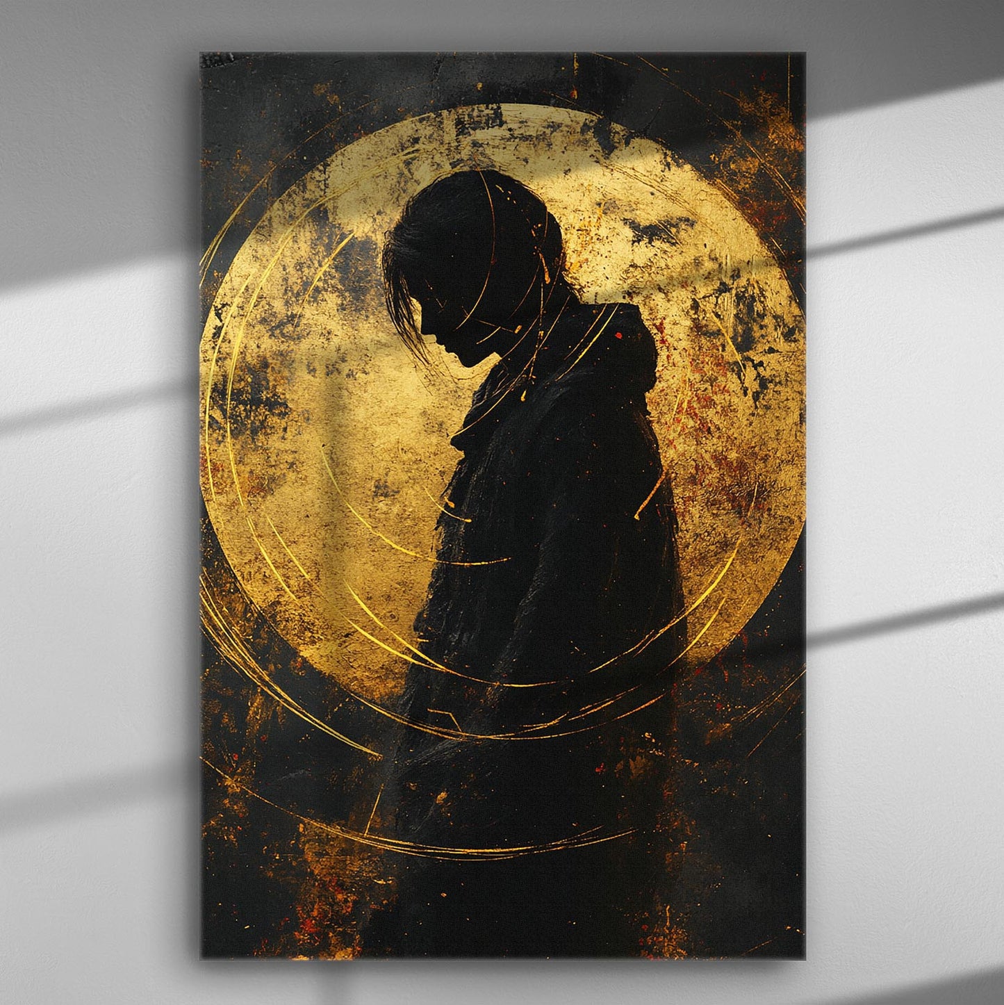 A silhouette of a person against a backdrop of a golden circle on a canvas print.