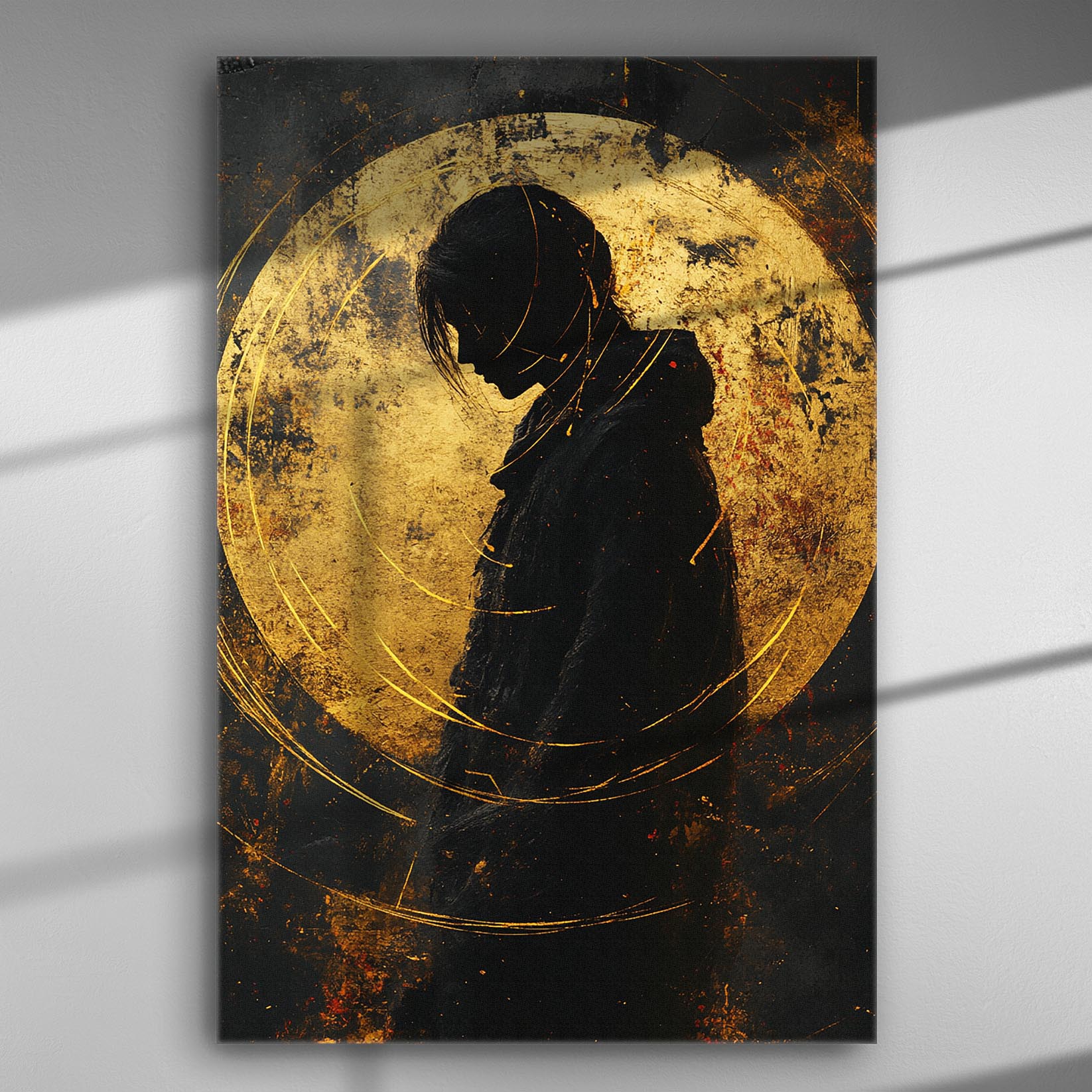 A silhouette of a person against a backdrop of a golden circle on a canvas print.