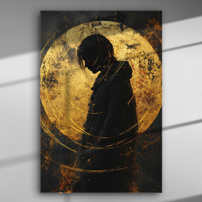 A silhouette of a person against a backdrop of a golden circle on a canvas print.