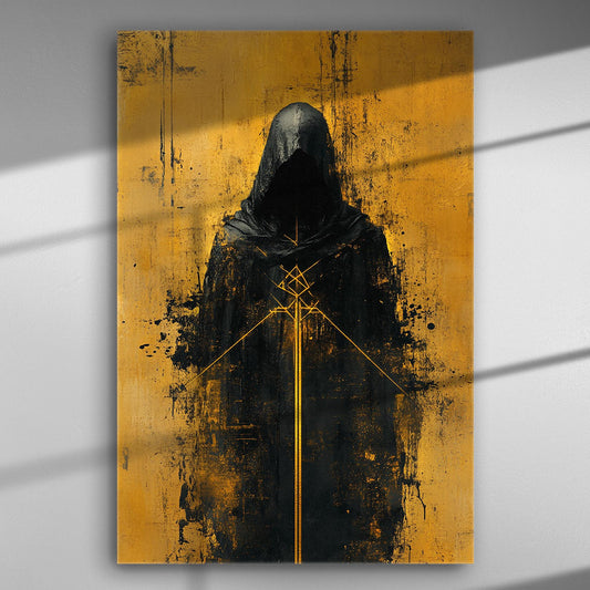 Mystical hooded figure on an orange background canvas