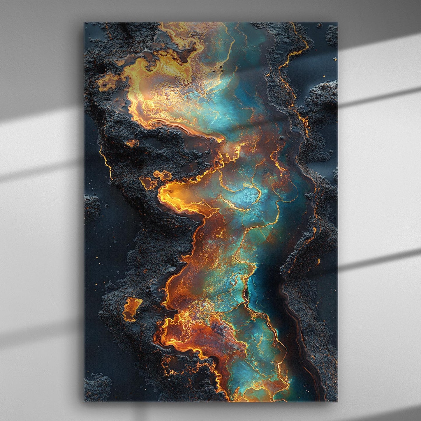 Abstract canvas painting with orange and blue flame-like patterns
