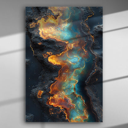 Abstract canvas painting with orange and blue flame-like patterns