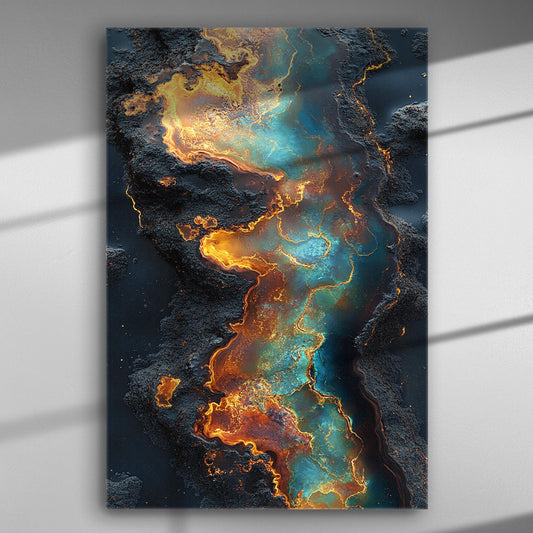 Abstract canvas painting with orange and blue flame-like patterns