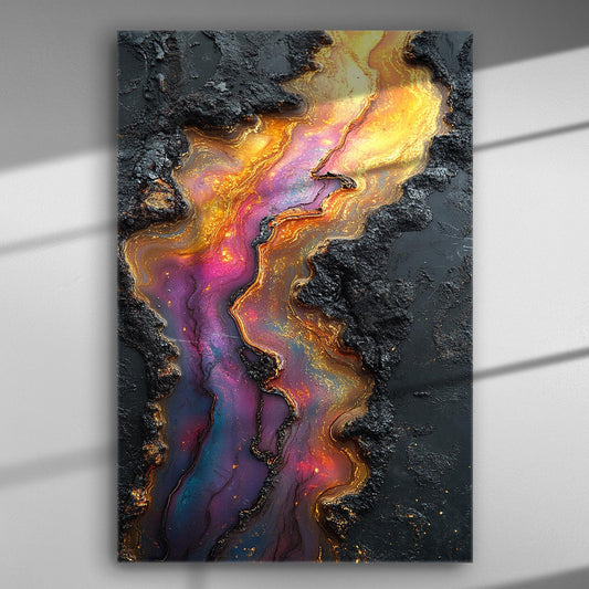 Abstract canvas art with vibrant flowing colors resembling lava against a dark textured background.