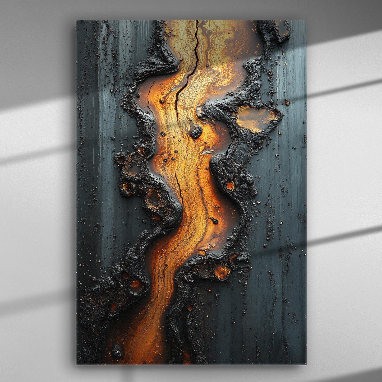 Abstract art with flowing textures in warm orange and dark tones on a canvas.