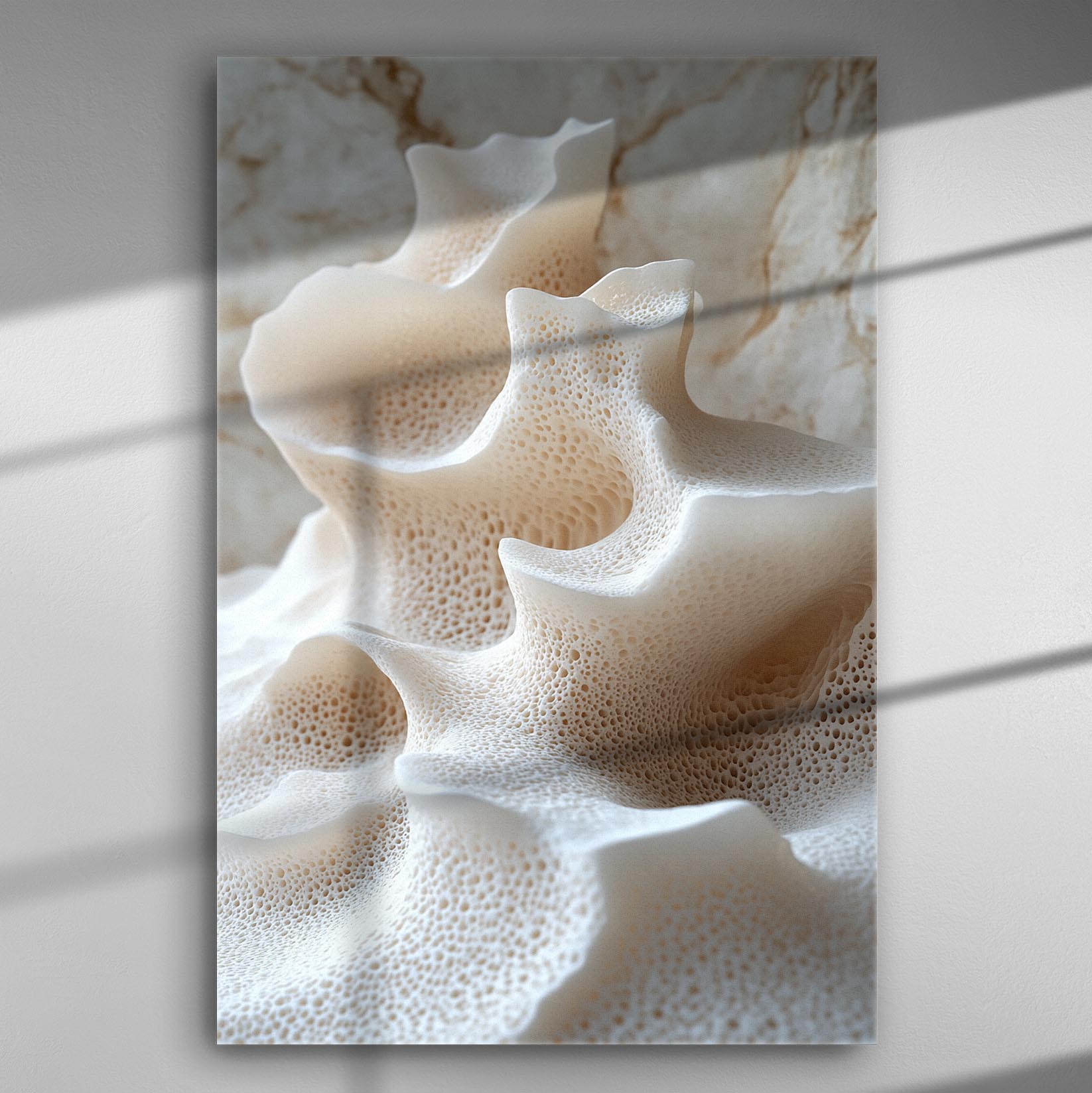 Abstract close-up of wavy, textured formations resembling a natural pattern in soft, beige tones.