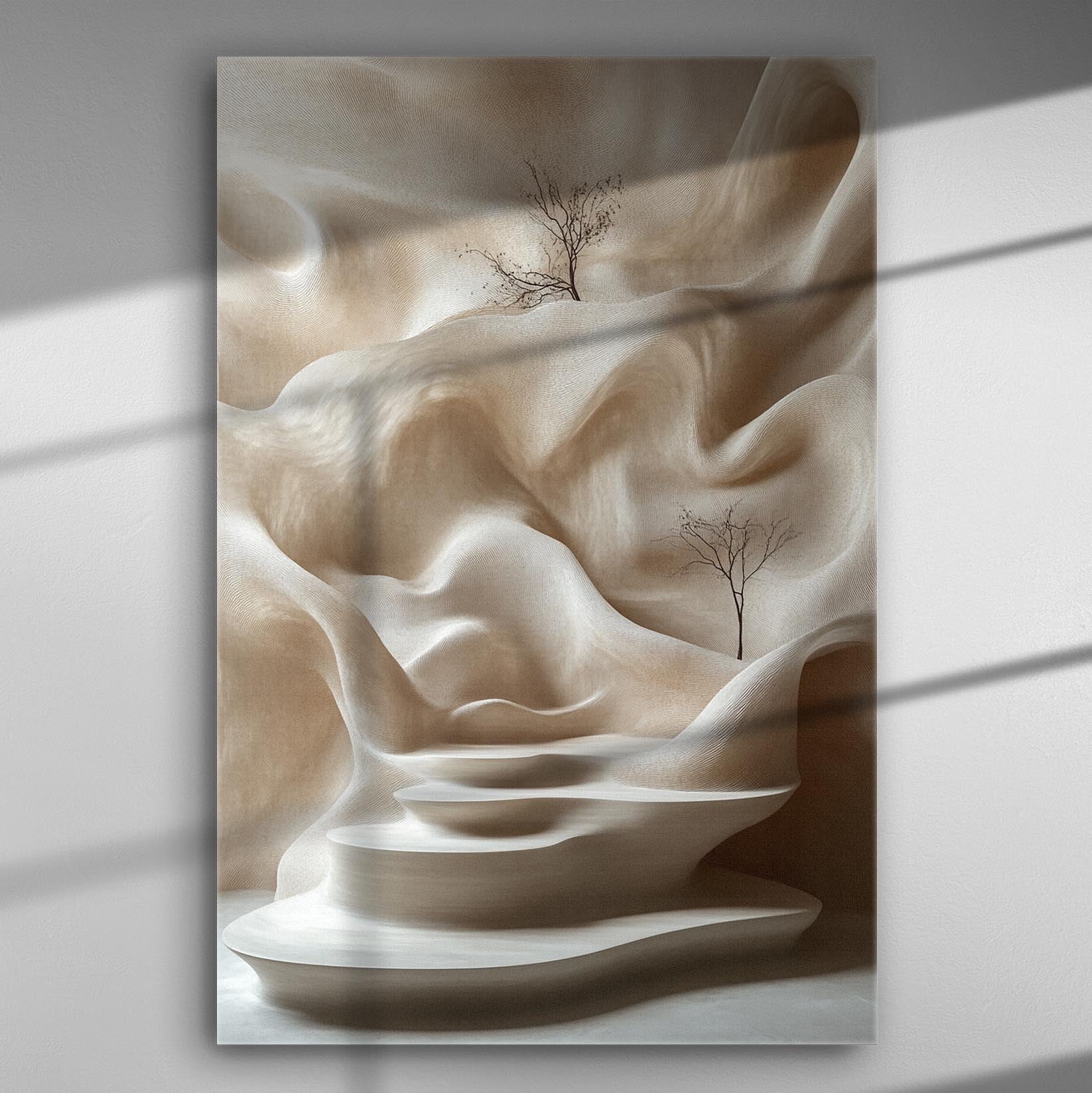 Abstract landscape with soft waves and lone trees in earthy tones on canvas.