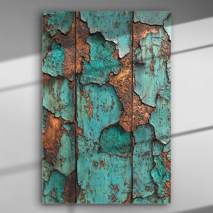 Abstract canvas print with turquoise and rust texture, showcasing a patina design.