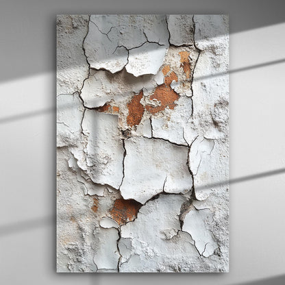 Close-up of a wall with peeling paint and exposed rust for a canvas print.