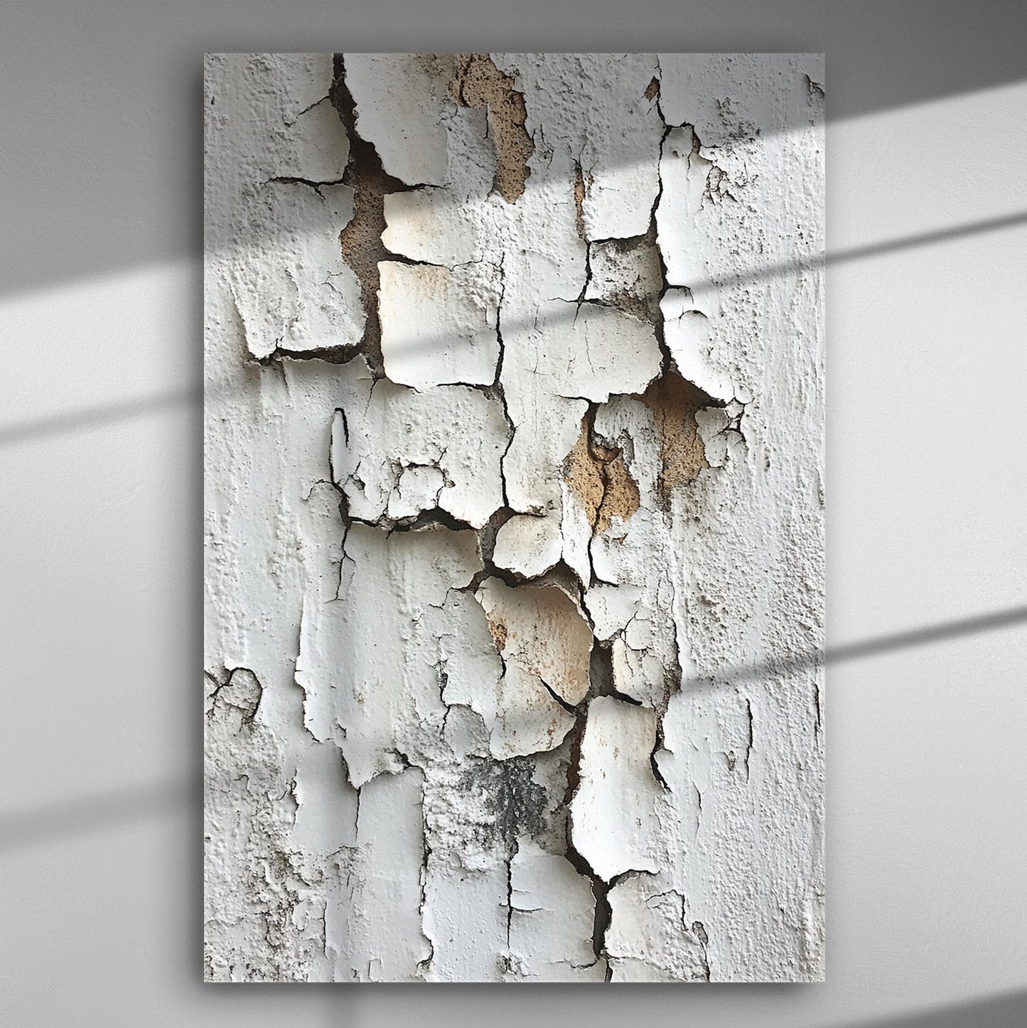 Art canvas featuring cracked paint texture with white and earthy tones