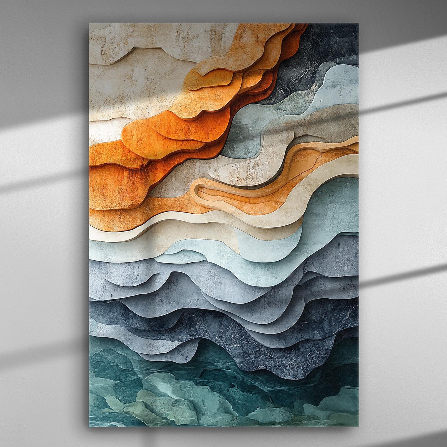 Abstract canvas art with layered colors in shades of orange, blue, and gray.