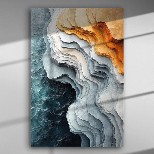 Abstract geometric art canvas with blue and orange colors forming water-like textures.