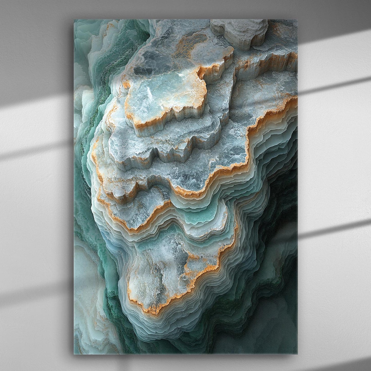Abstract image of layered geological forms in soft blue and gray colors for a canvas print.