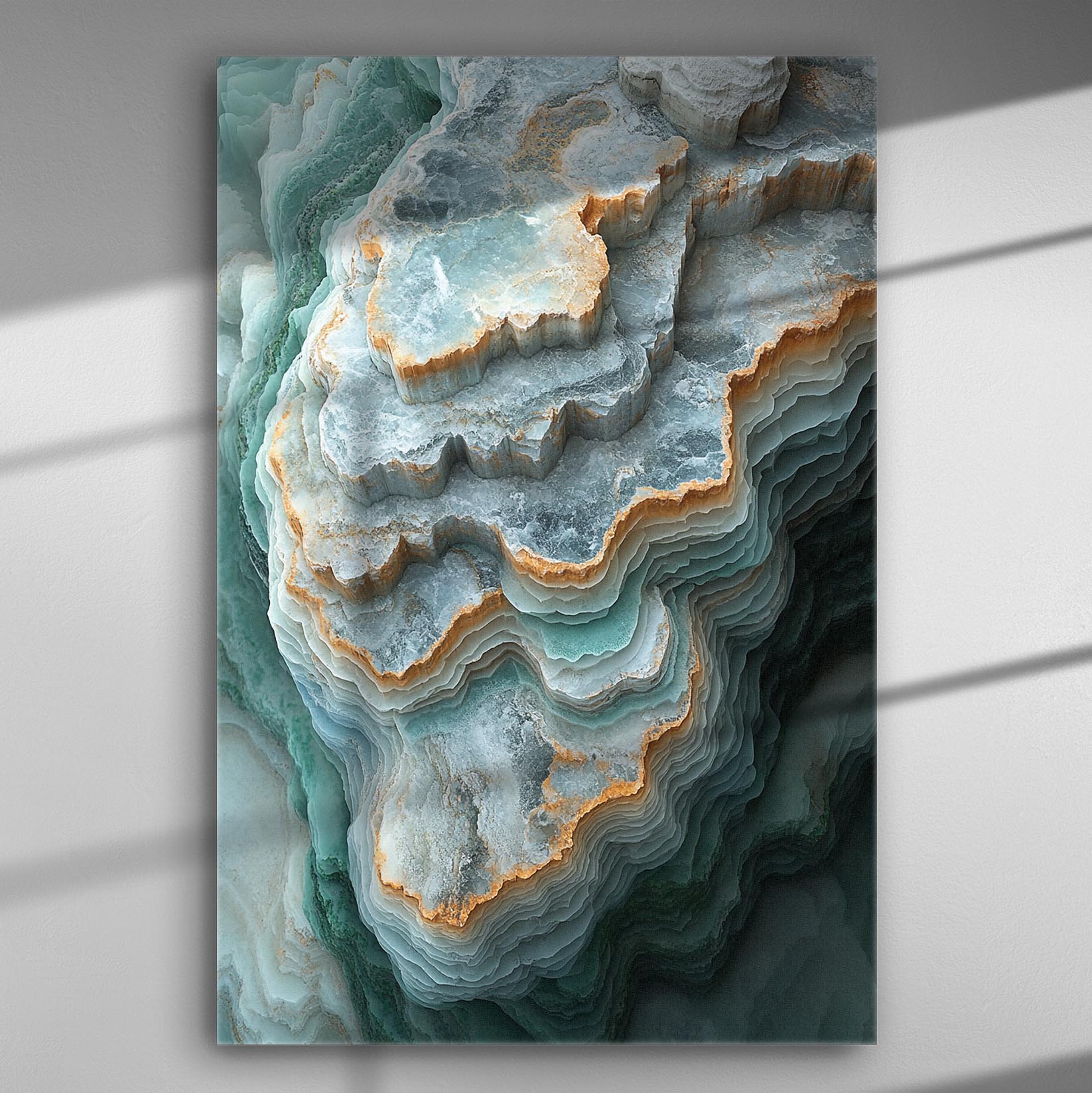 Abstract image of layered geological forms in soft blue and gray colors for a canvas print.