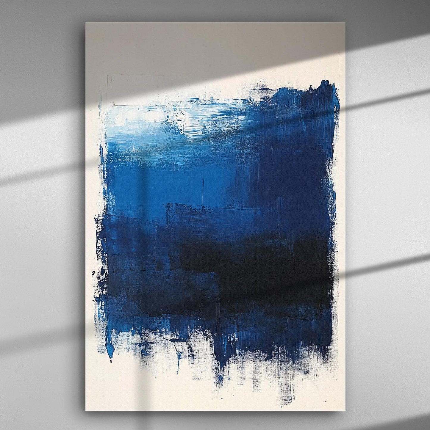 Abstract blue painting on canvas with shades of deep blue and white.