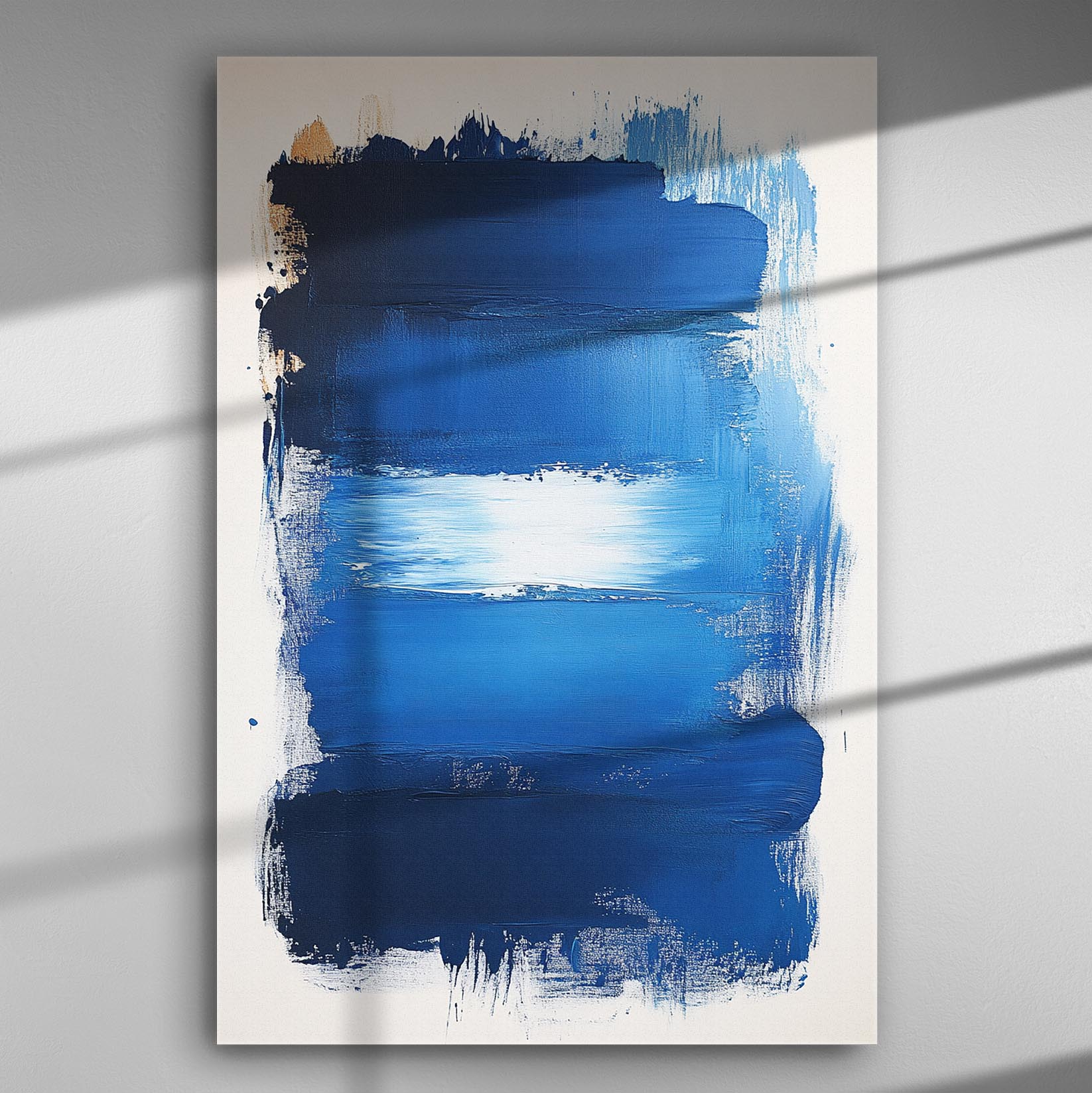 Abstract blue brush strokes painting on canvas with white and gold highlights.