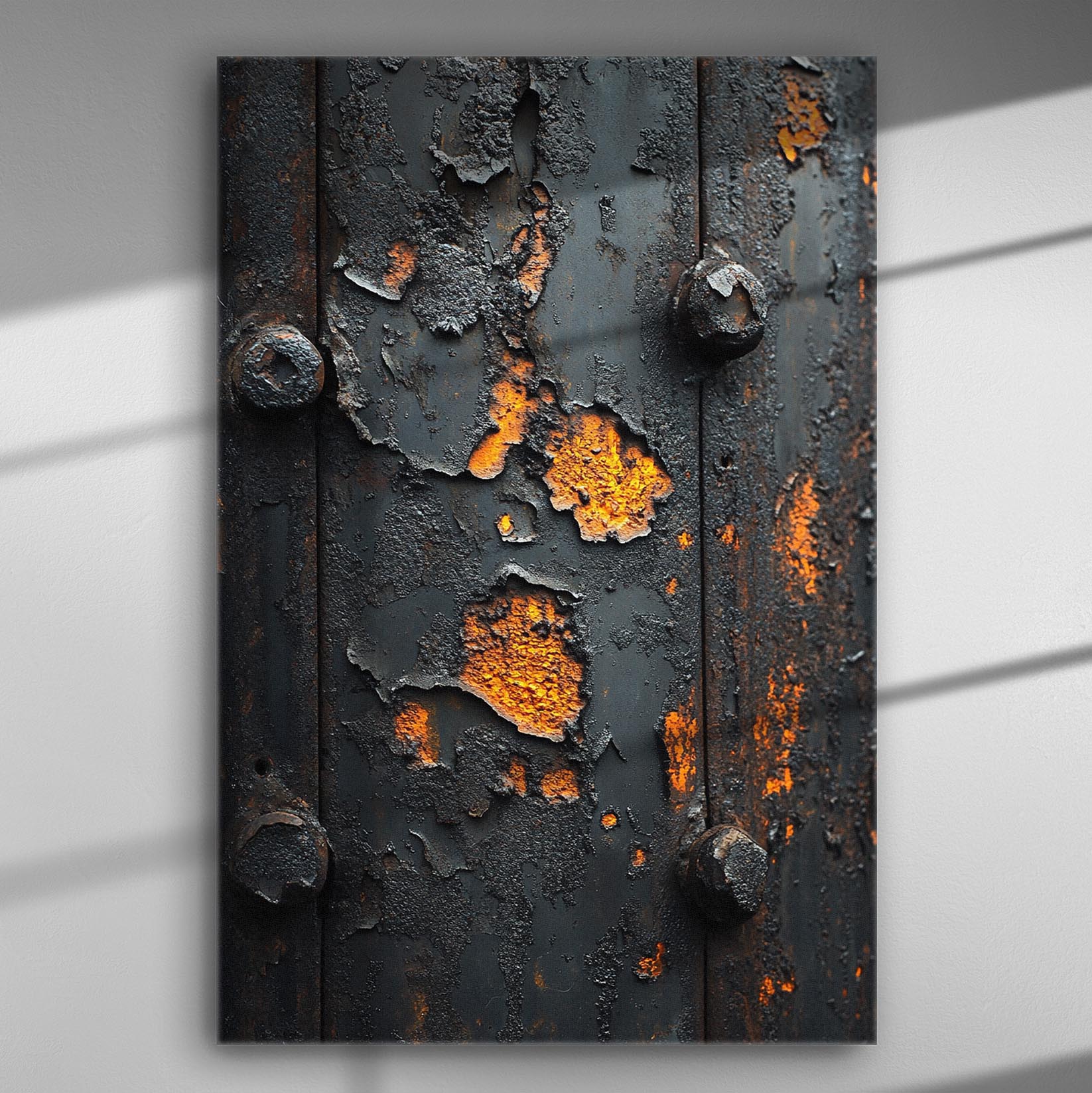 Close-up of rusty metal surface with orange and dark patches for industrial art canvas.