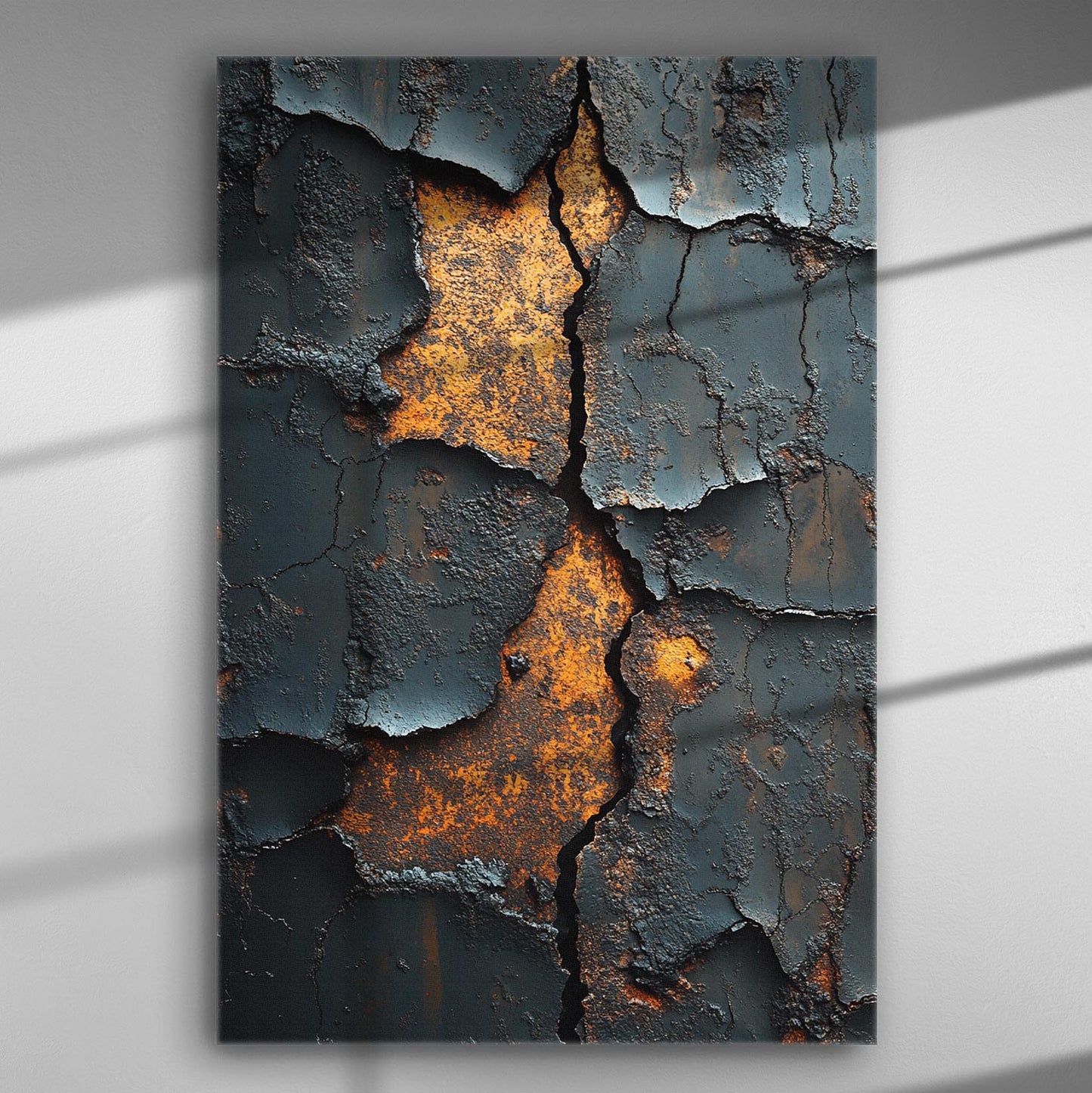 Abstract cracked and weathered surface with blue and burnt orange tones on a canvas print.