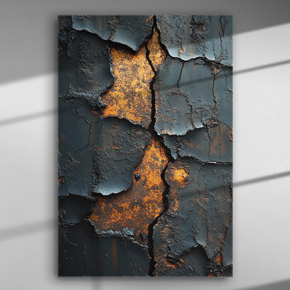 Abstract cracked and weathered surface with blue and burnt orange tones on a canvas print.