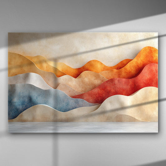 Abstract painting with earthy red, orange, and blue wave-like patterns on canvas.