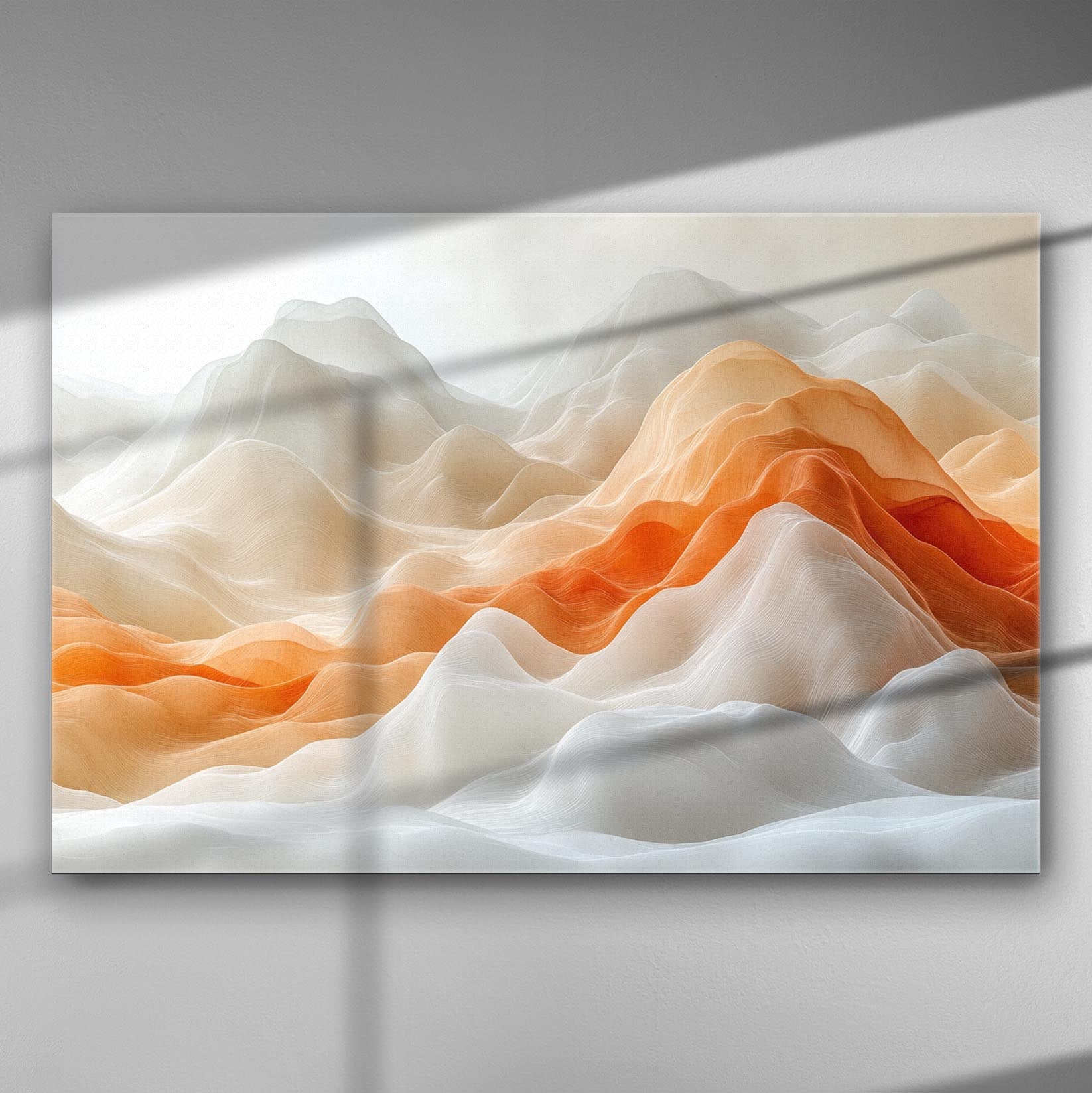 Abstract landscape with orange and white wavy patterns on canvas.