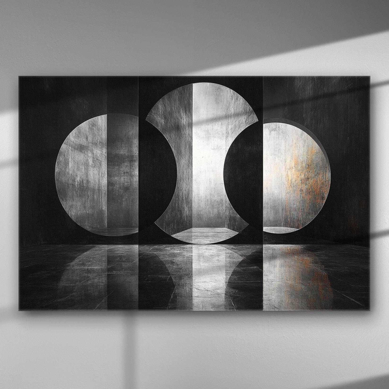 Abstract canvas print with geometric shapes and light-shadow contrasts in monochrome tones.
