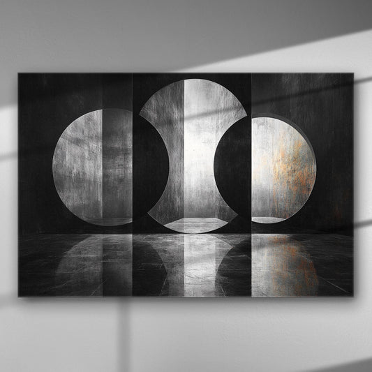 Abstract canvas print with geometric shapes and light-shadow contrasts in monochrome tones.