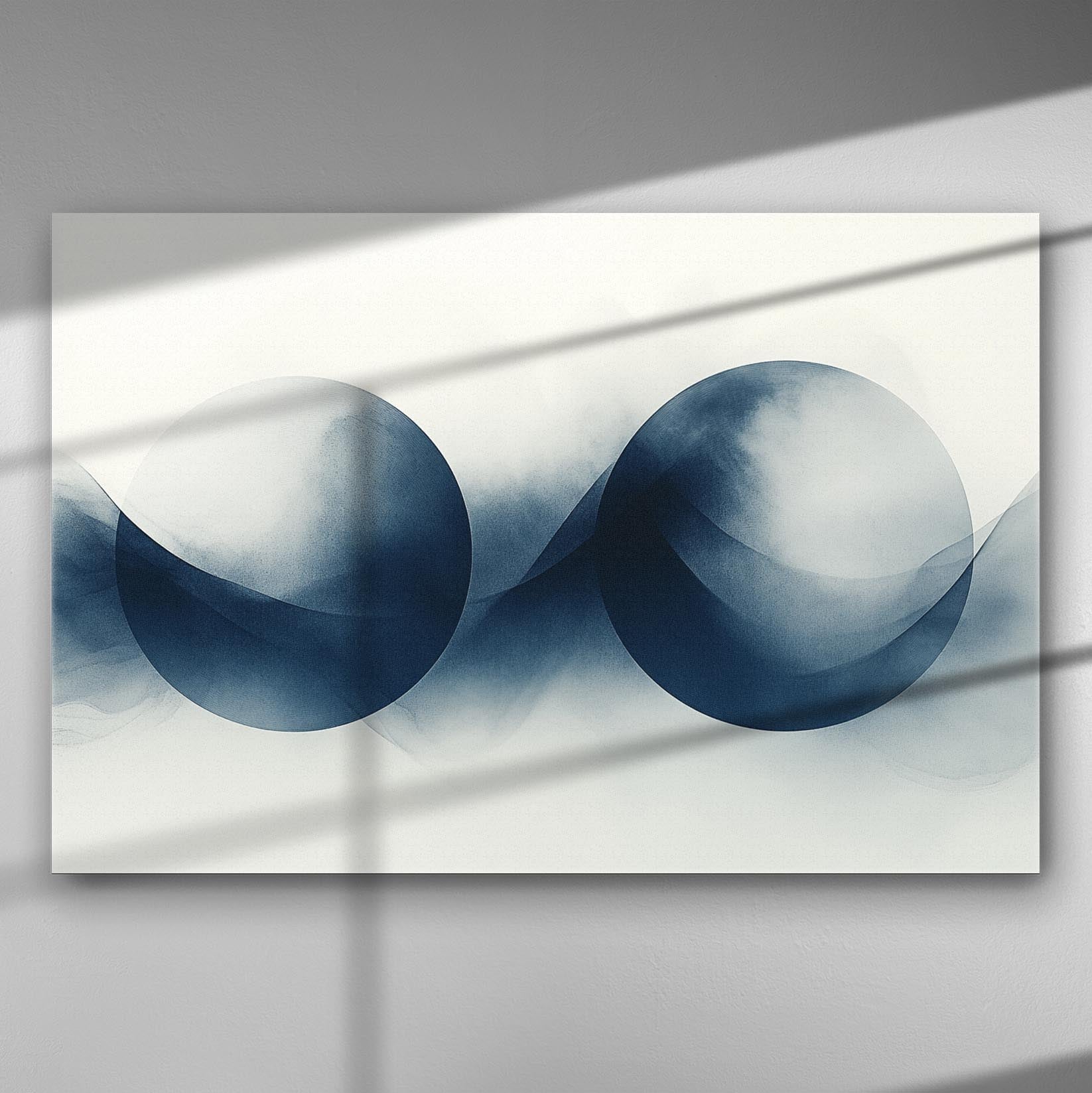 Abstract blue spheres on a canvas with soft lines and shadows.
