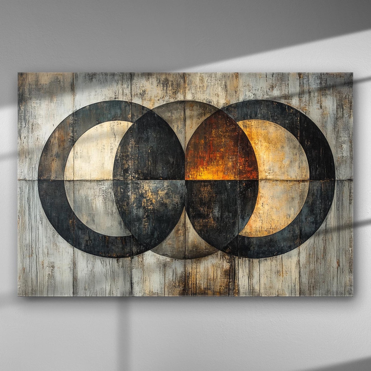 Abstract geometric design with overlapping circles in dark shades and bright orange details on a canvas print.