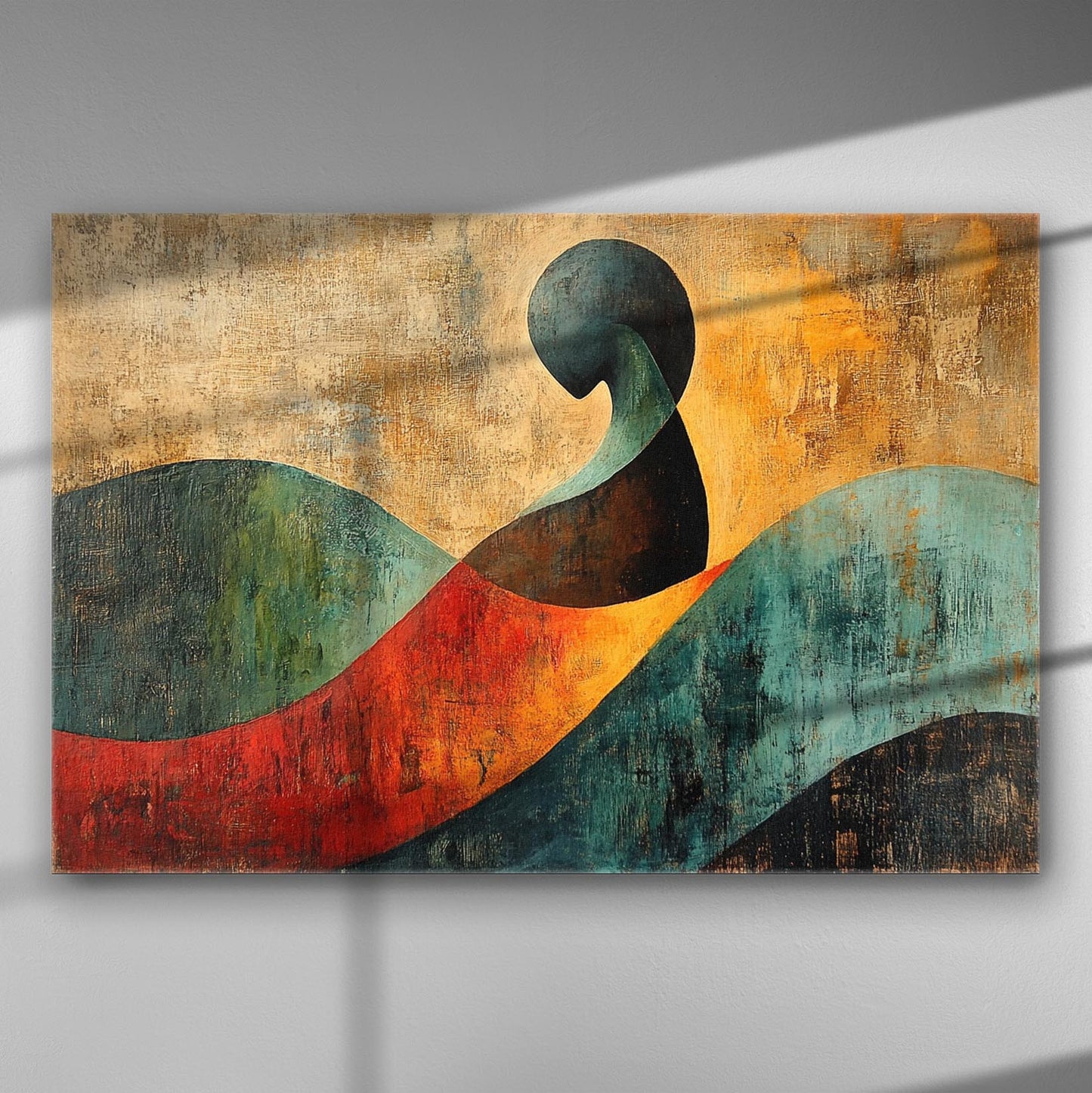 Abstract art with swirling shapes and vibrant colors on canvas.