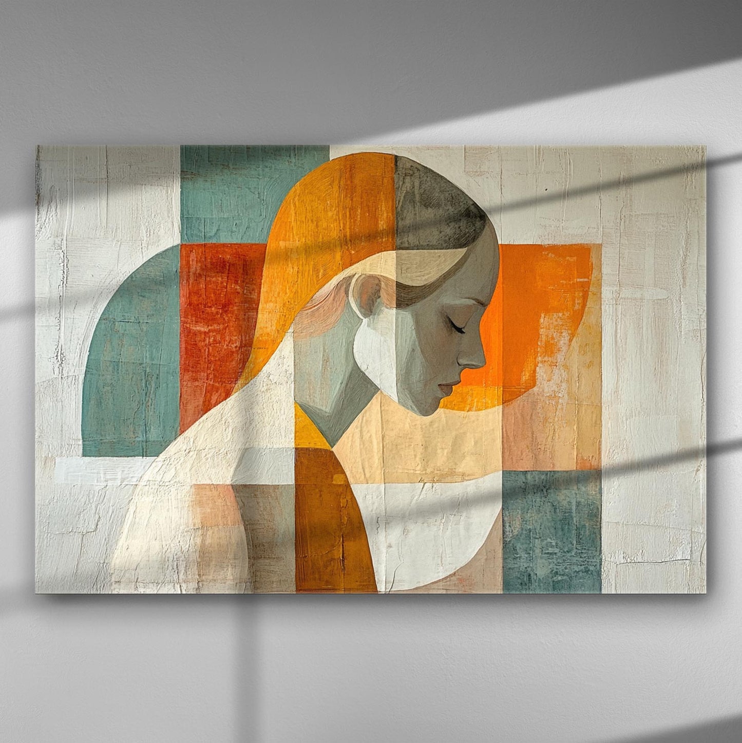 Abstract female profile with geometric shapes in shades of orange, blue and earthy white on canvas.