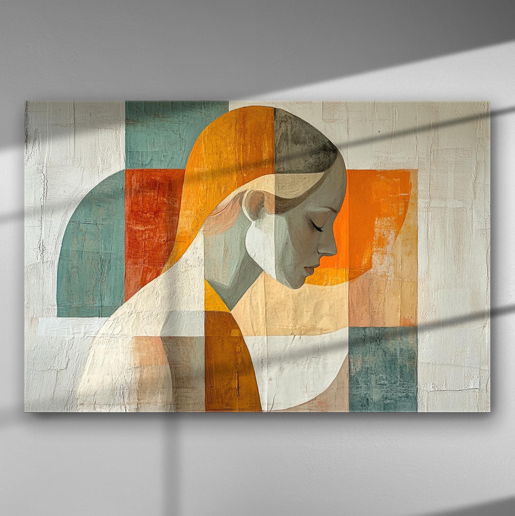 Abstract female profile with geometric shapes in shades of orange, blue and earthy white on canvas.