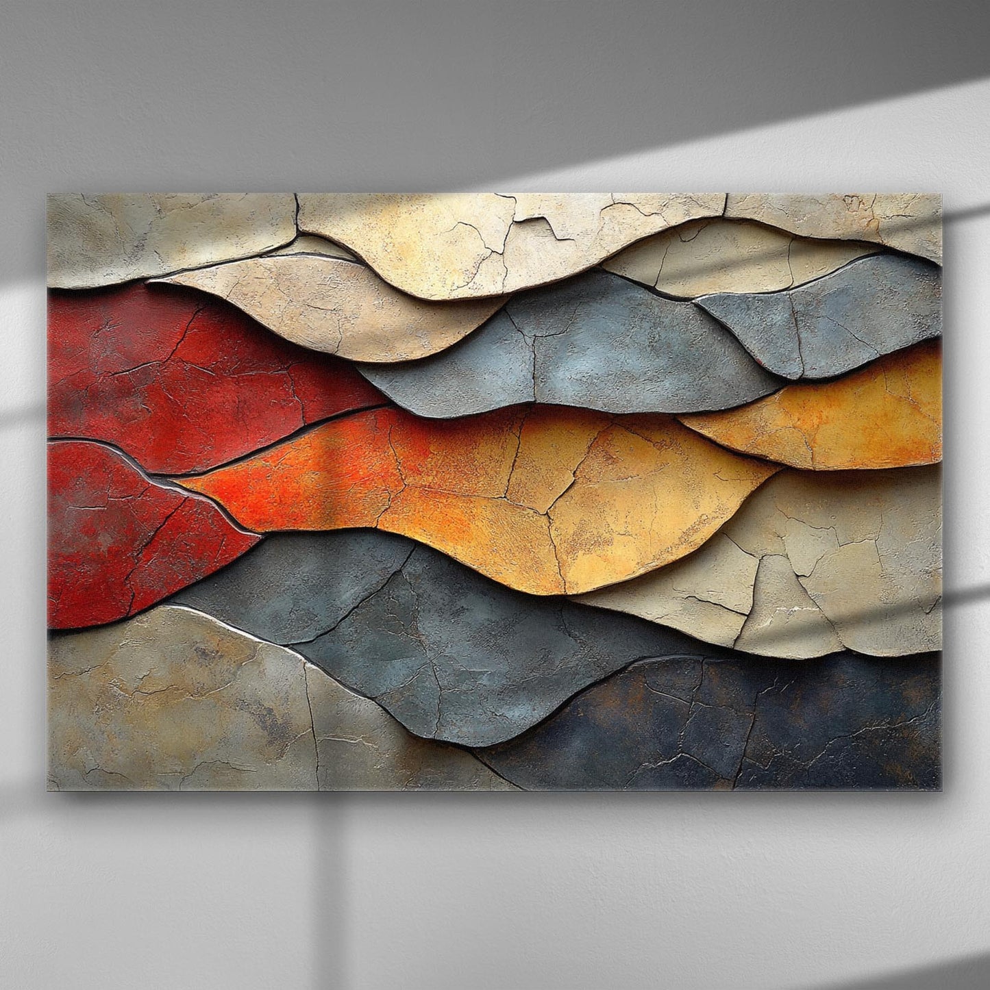 Abstract canvas print with red, yellow, and gray earthy colors in layered textures.