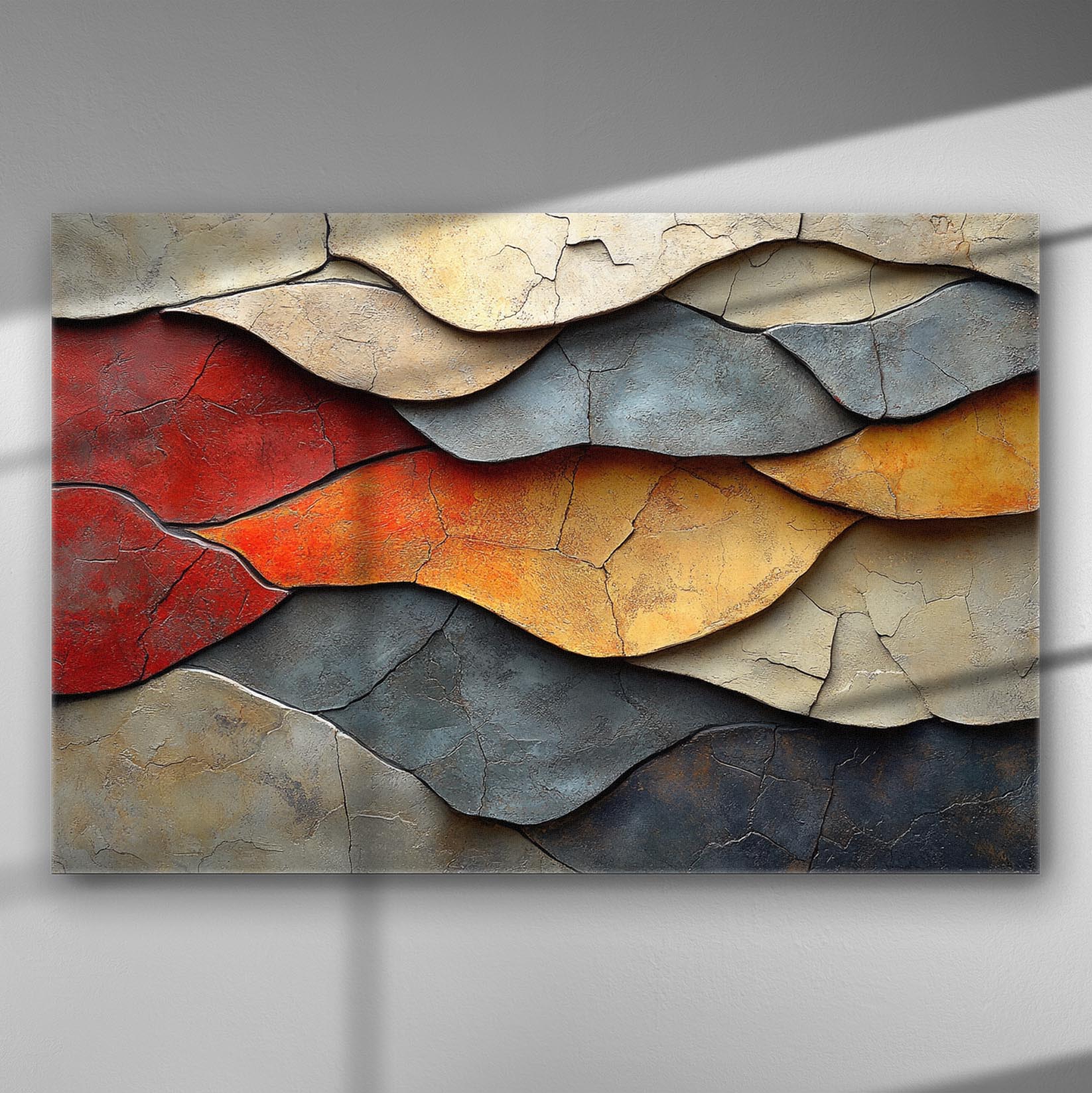Abstract canvas print with red, yellow, and gray earthy colors in layered textures.