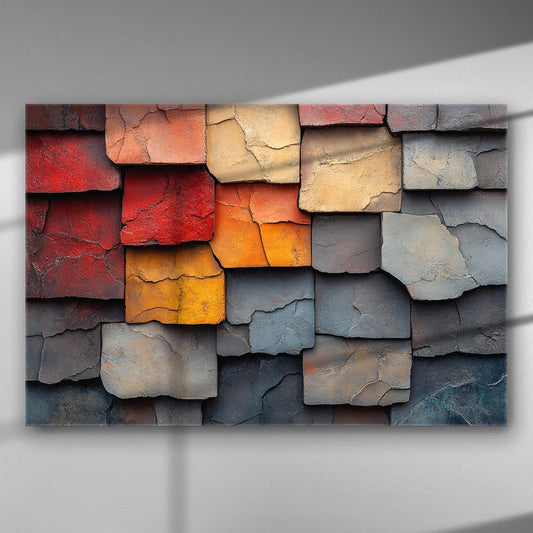 Abstract art canvas with colorful textured squares in red, orange, yellow, blue, and gray.