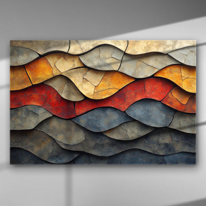 Abstract painting with wavy colorful lines on canvas.