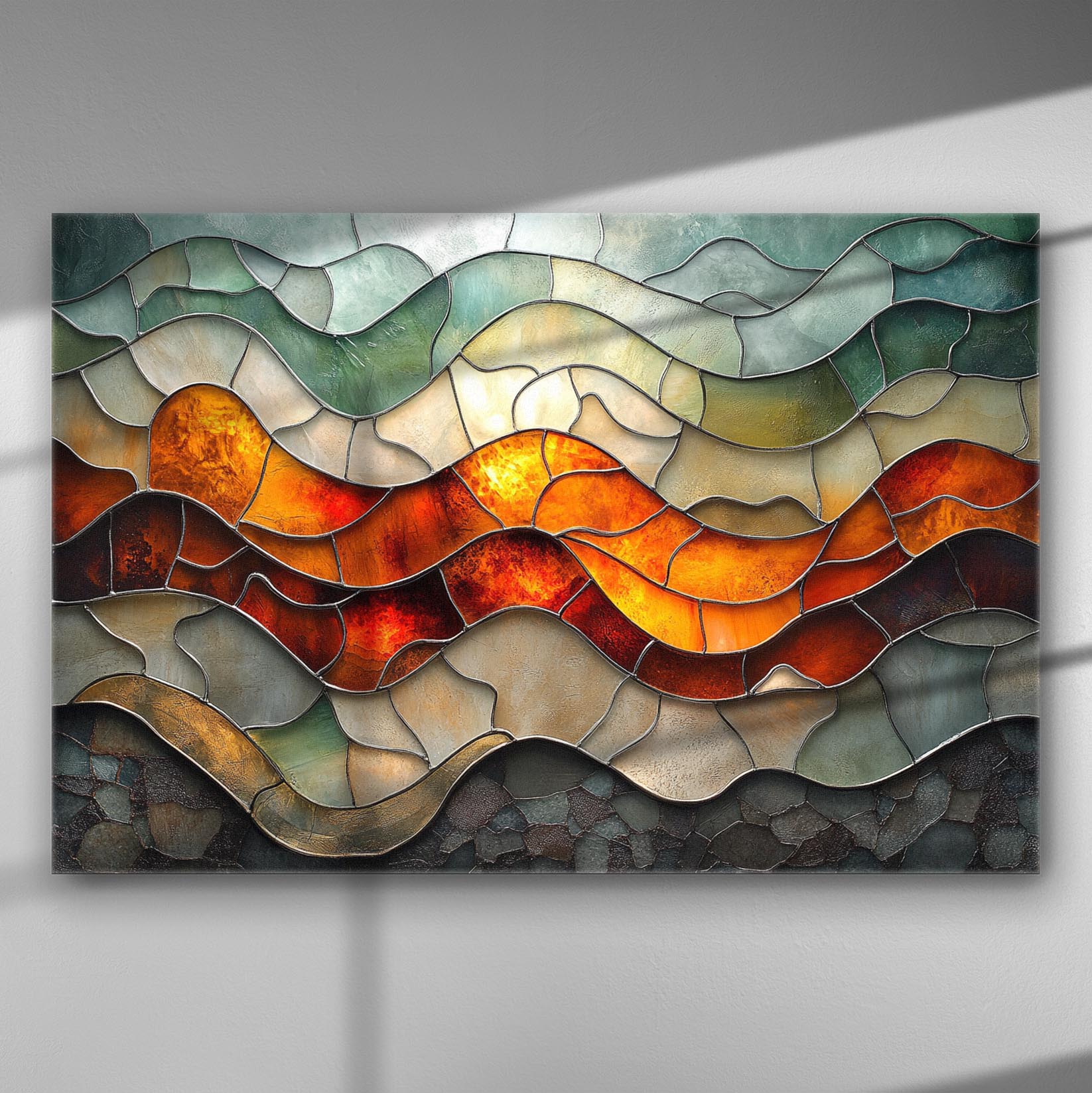 Abstract stained glass panel with swirling colors in orange, red, and green tones on a canvas.