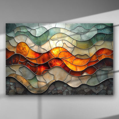 Abstract stained glass panel with swirling colors in orange, red, and green tones on a canvas.