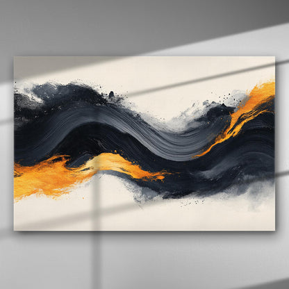 Abstract black and orange brush strokes on canvas with dynamic wave pattern